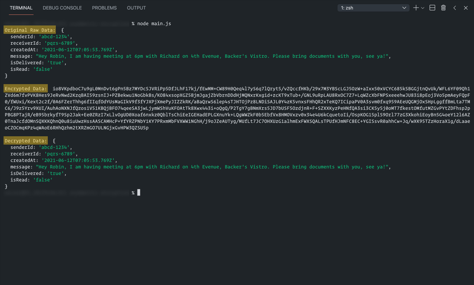 Terminal Preview Showing (a) Original Raw Data, (b) Encrypted Data & (c) Decrypted Data, From Top To Bottom Respectively.