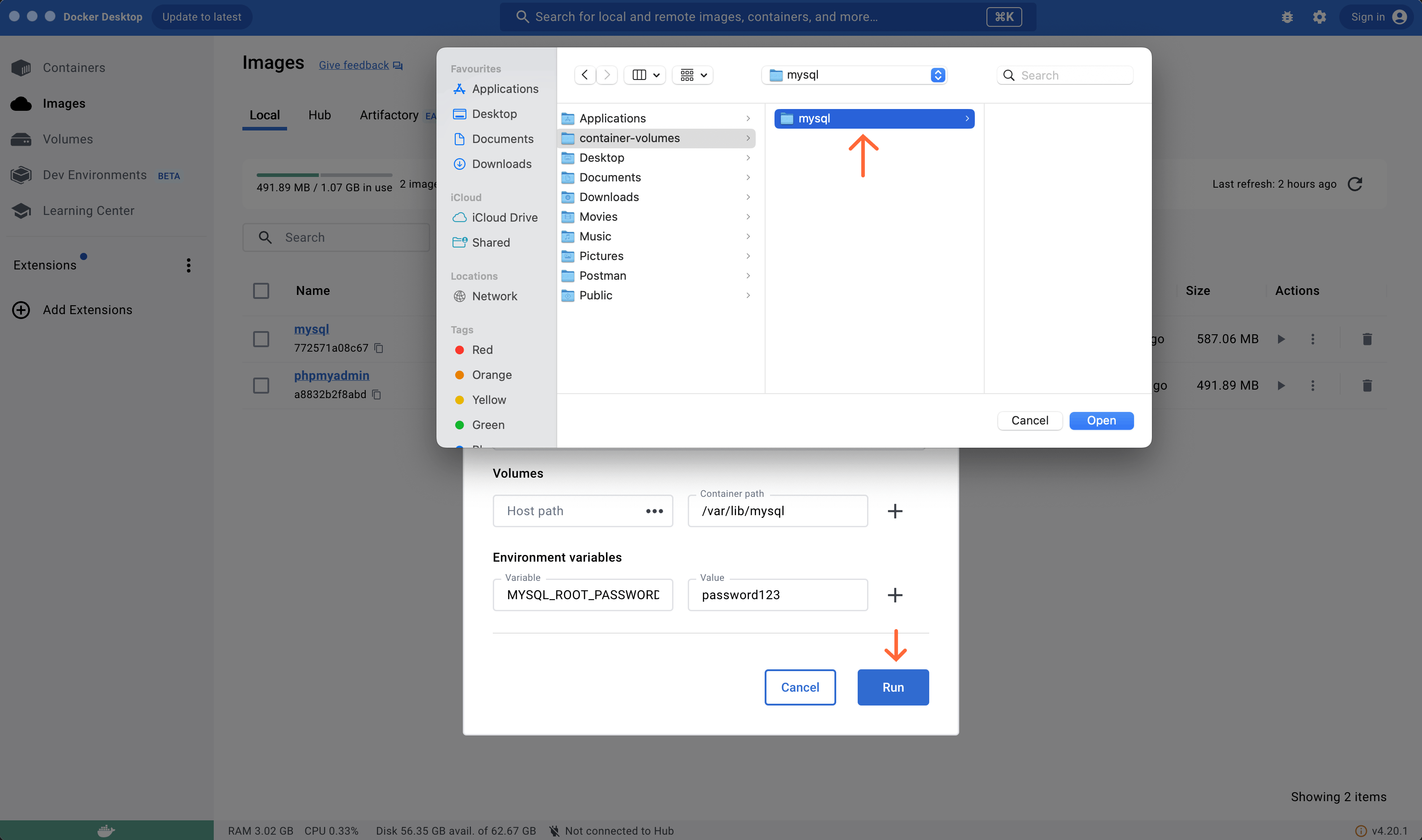 selecting volume folder of host
