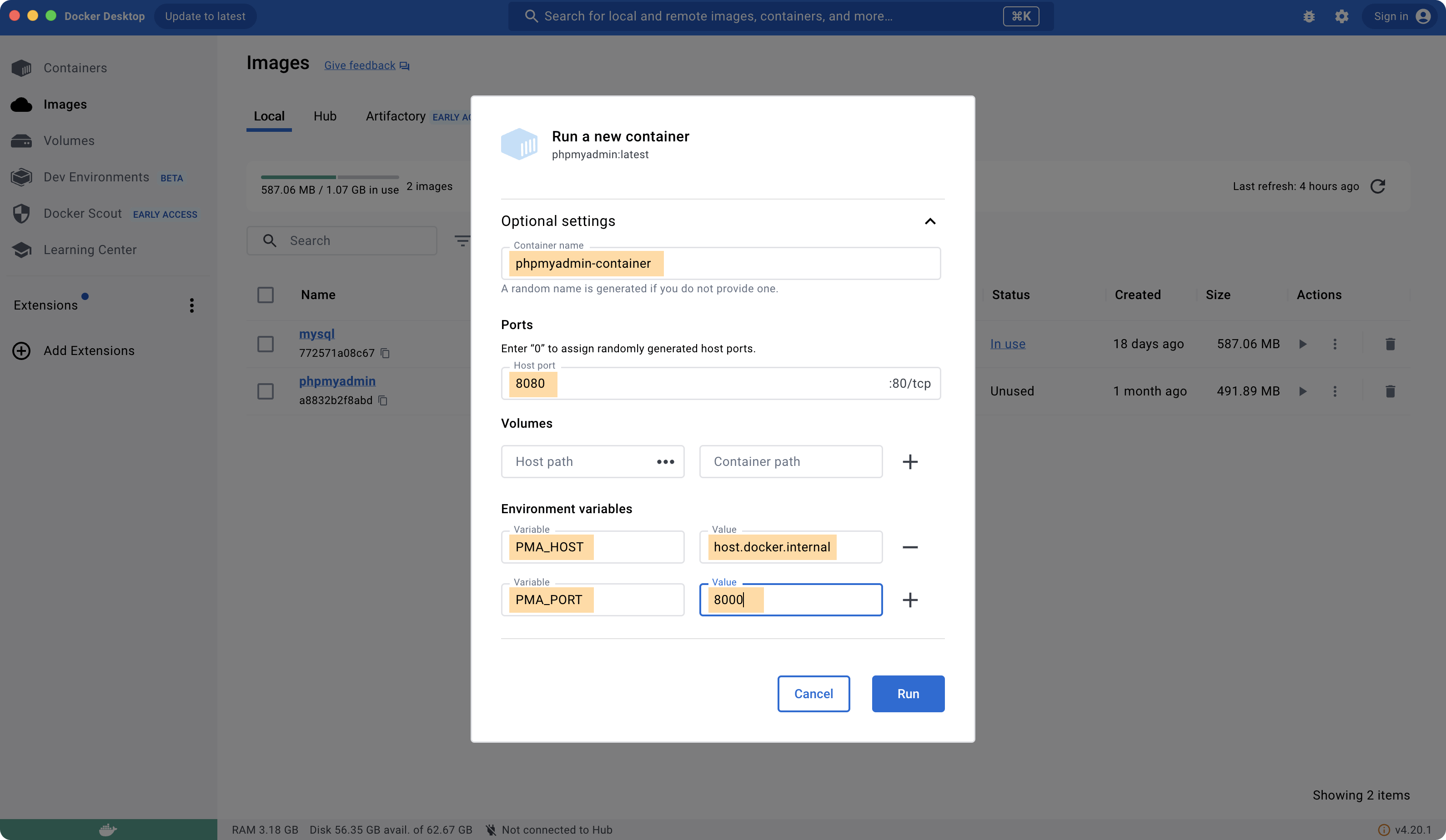 phpmyadmin container config