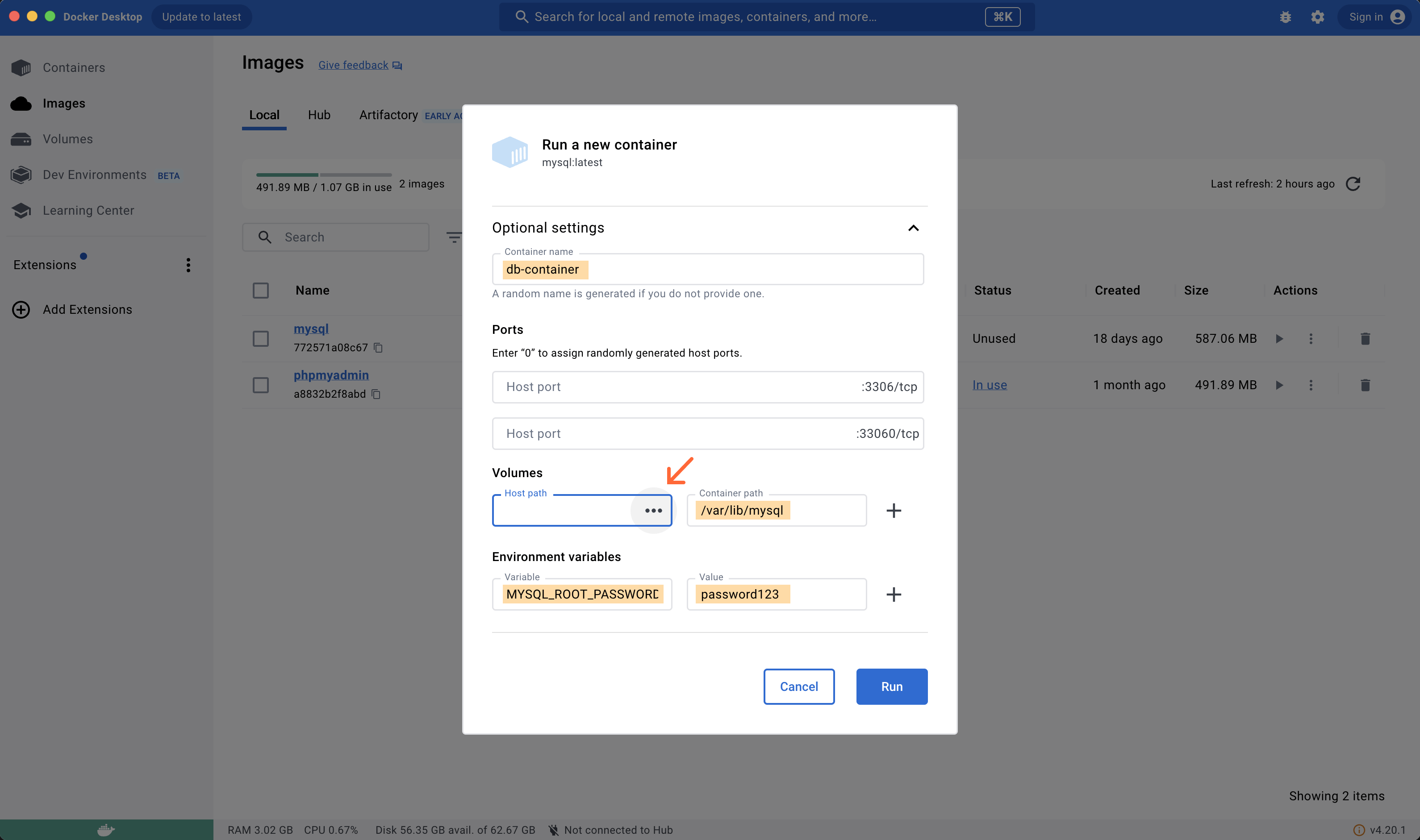 configuring mysql container from Docker Desktop