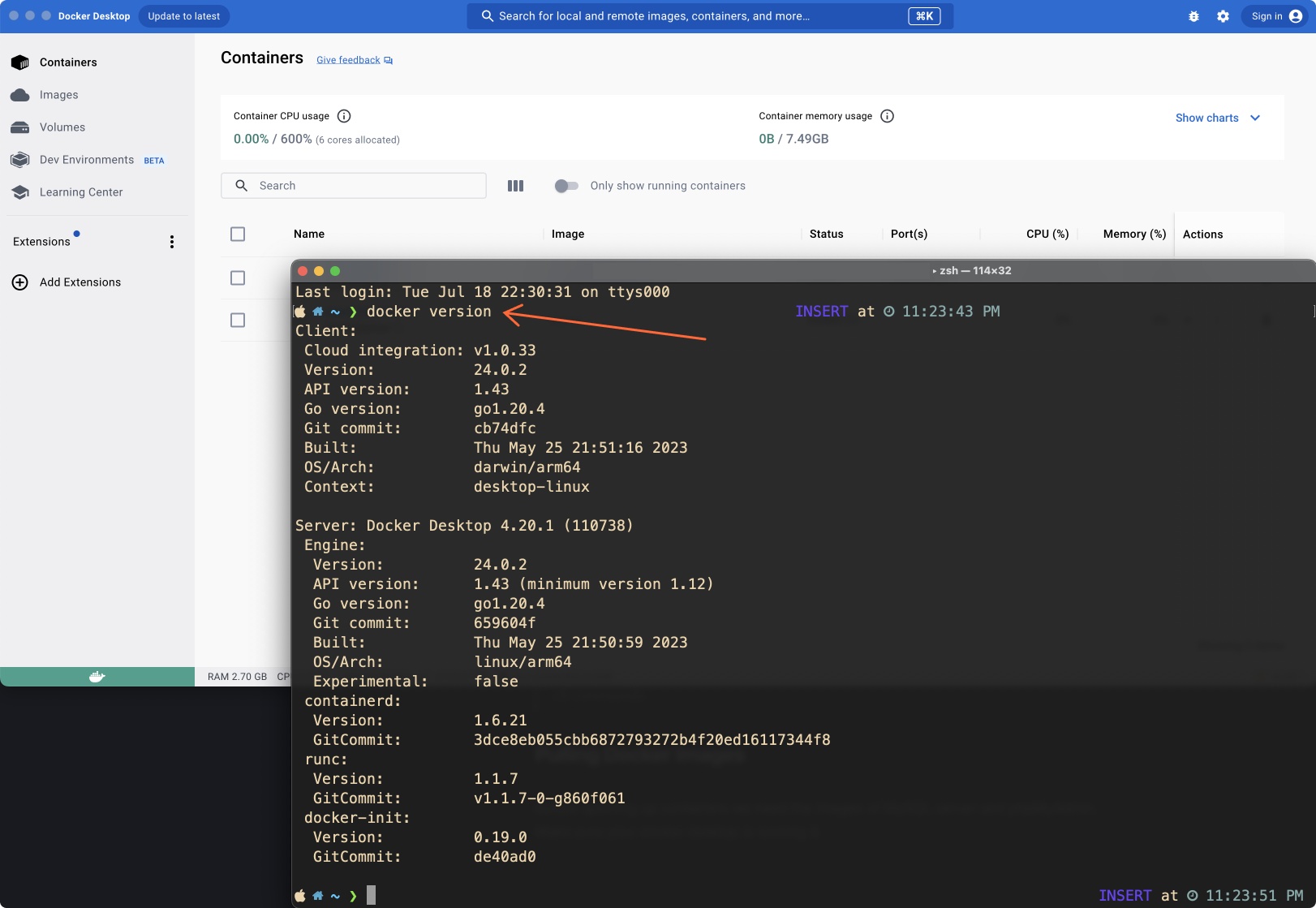 docker version & Docker Desktop GUI