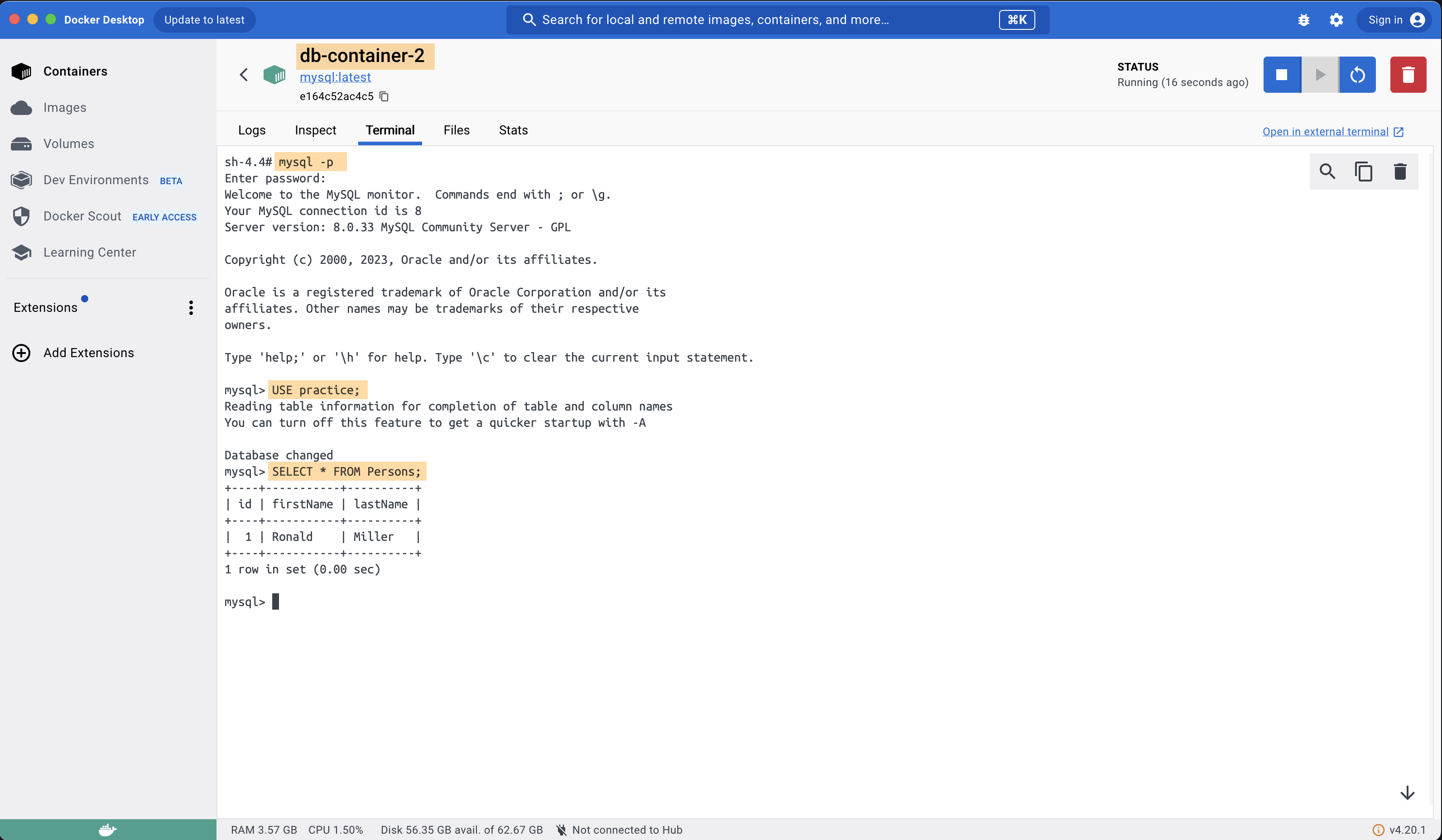 verifying data in mysql db table from another docker container shell