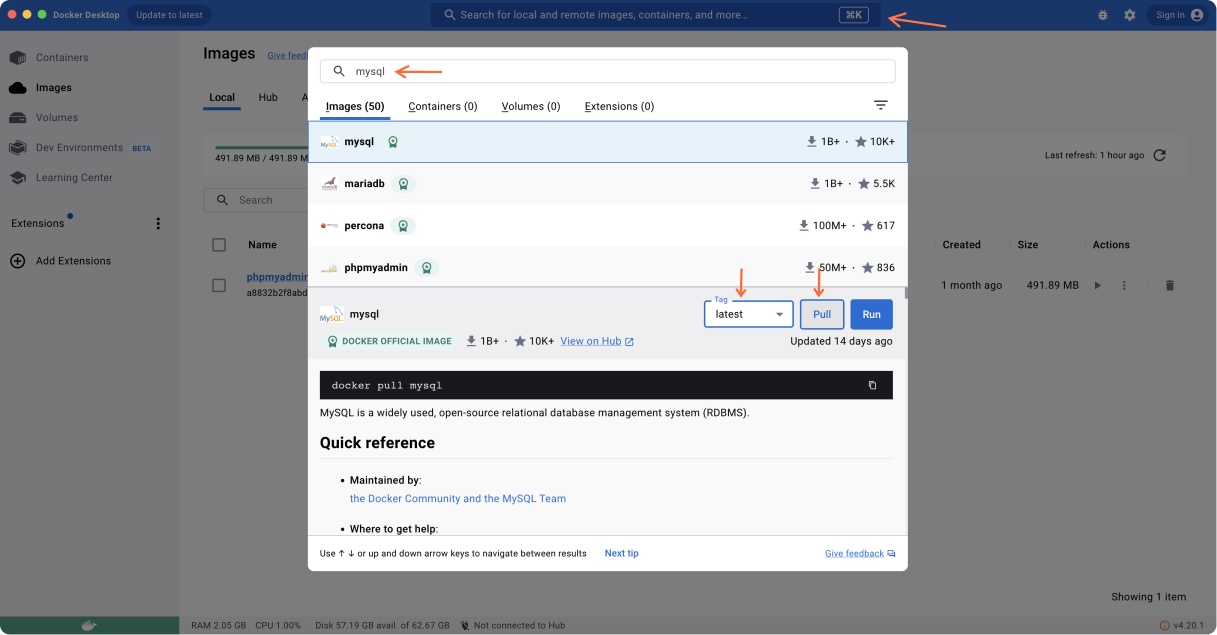 Docker Desktop Pull mysql Image